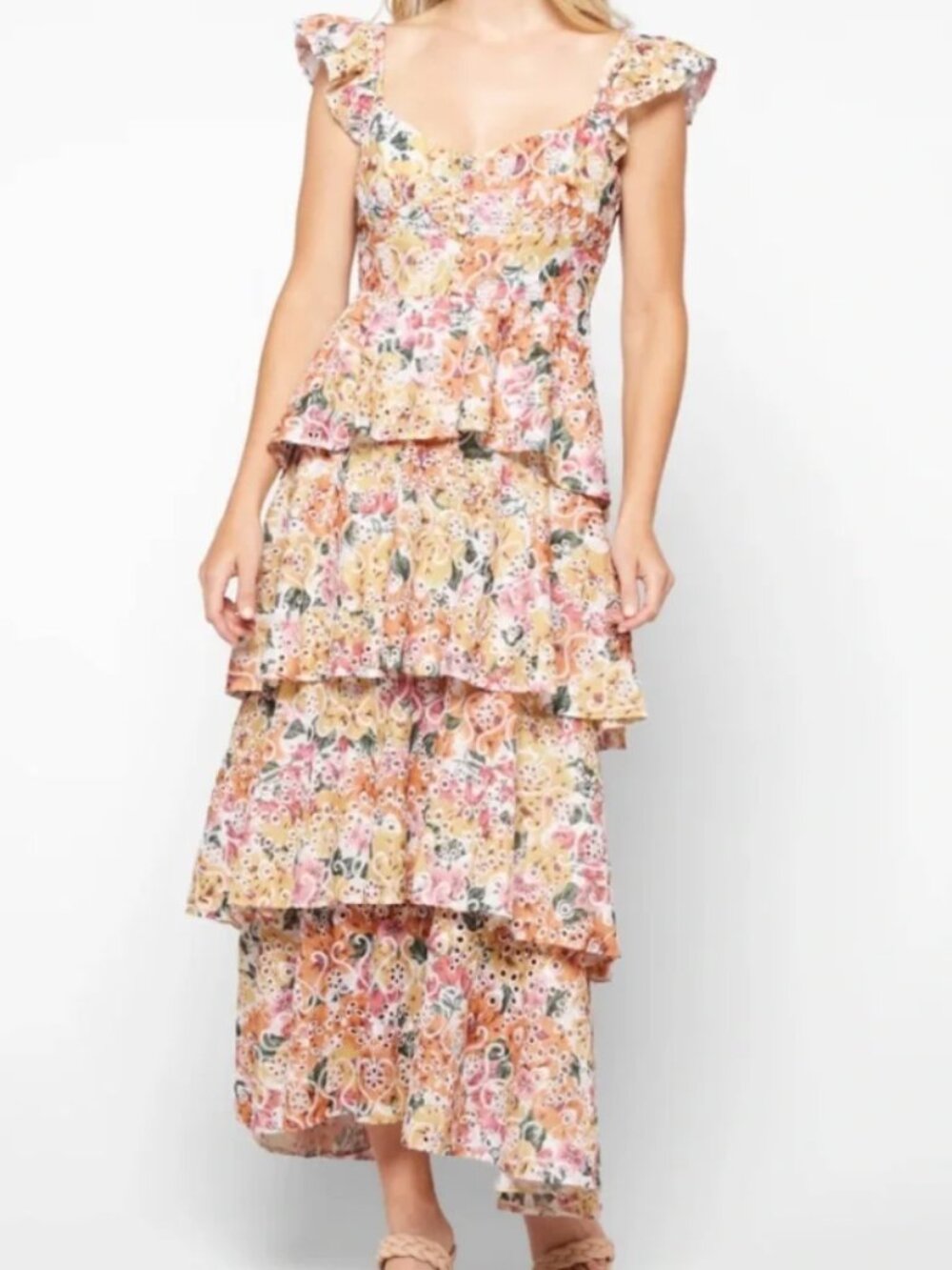 NWT En Saison Presley Embroidered Tiered Floral Midi Dress Women's Large